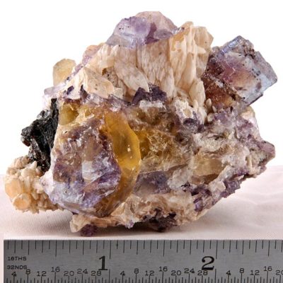 Yellow and Purple Fluorite with Sphalerite and Calcite #106-0641