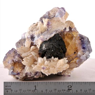 Yellow and Purple Fluorite with Sphalerite and Calcite #106-0645